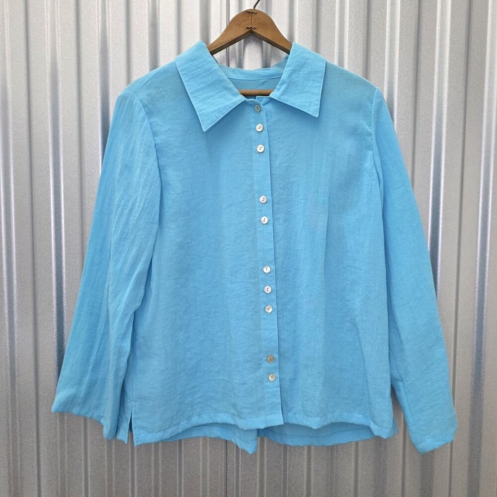 Fridaze Blue Linen Button-Up Top Blouse Long Sleeve Lightweight Lagenlook Size M